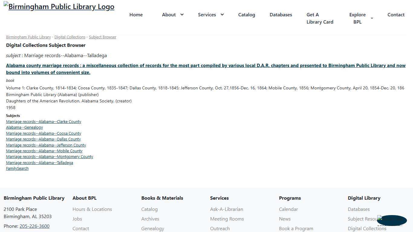 Digital Collections Subject Browser - Birmingham Public Library