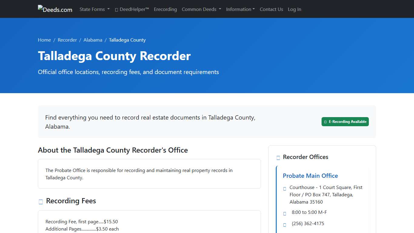 Talladega County Recorder Information, Alabama - Deeds.com